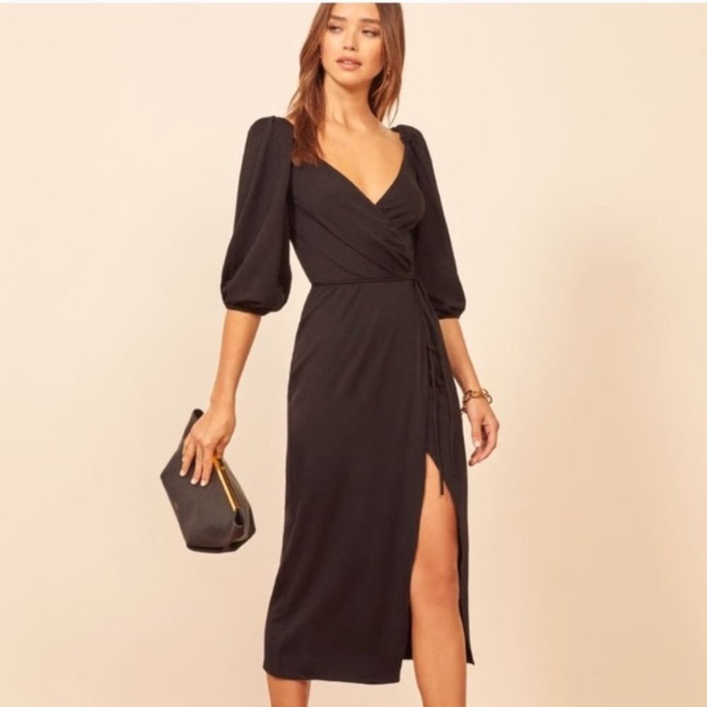 Reformation Calabra Black Wrap Jersey Dress - L